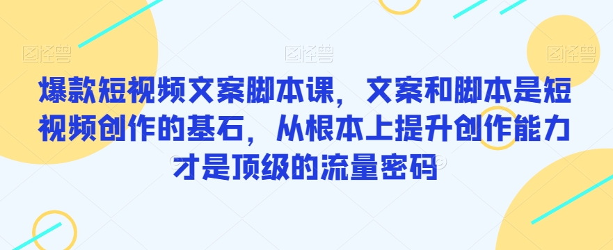 爆款短视频文案脚本课，文案和脚本是短视频创作的基石，从根本上提升创作能力才是顶级的流量密码-第一精品资源库
