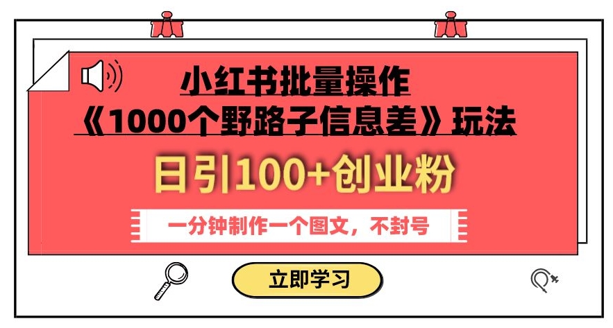 小红书批量操作《1000个野路子信息差》玩法，一分钟制作一个图文，不封号，日引100+创业粉-第一精品资源库
