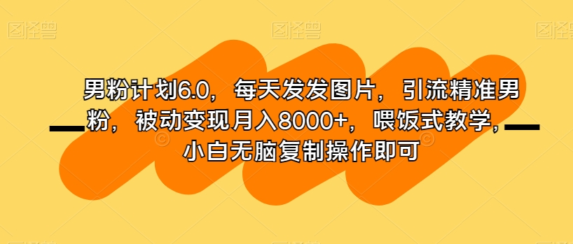 男粉计划6.0，每天发发图片，引流精准男粉，被动变现月入8000+，喂饭式教学，小白无脑复制操作即可-第一精品资源库