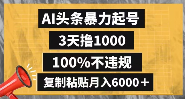 AI头条暴力起号，3天撸1000,100%不违规，复制粘贴月入6000＋【揭秘】-第一精品资源库