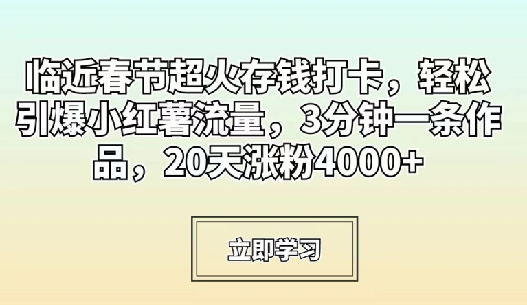 临近春节超火存钱打卡，轻松引爆小红薯流量，3分钟一条作品，20天涨粉4000+【揭秘】-第一精品资源库