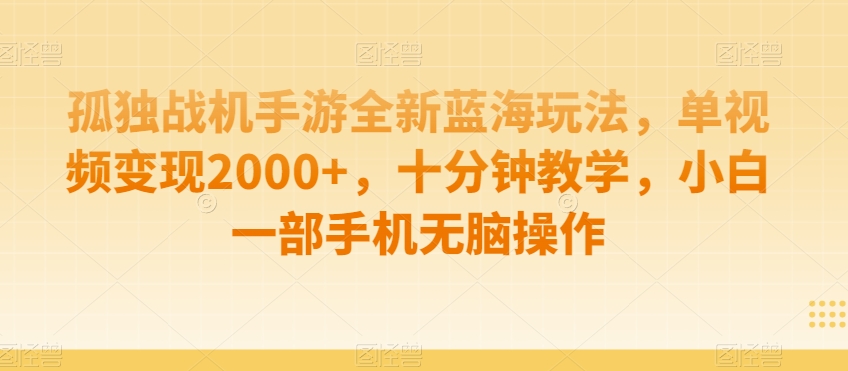 孤独战机手游全新蓝海玩法，单视频变现2000+，十分钟教学，小白一部手机无脑操作【揭秘】-第一精品资源库
