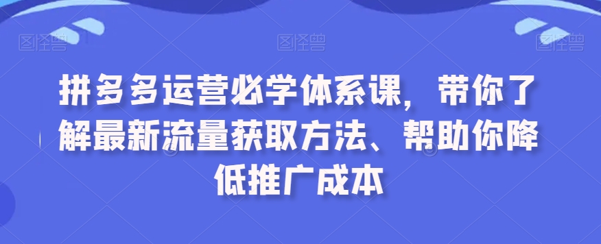 拼多多运营必学体系课，带你了解最新流量获取方法、帮助你降低推广成本-第一精品资源库