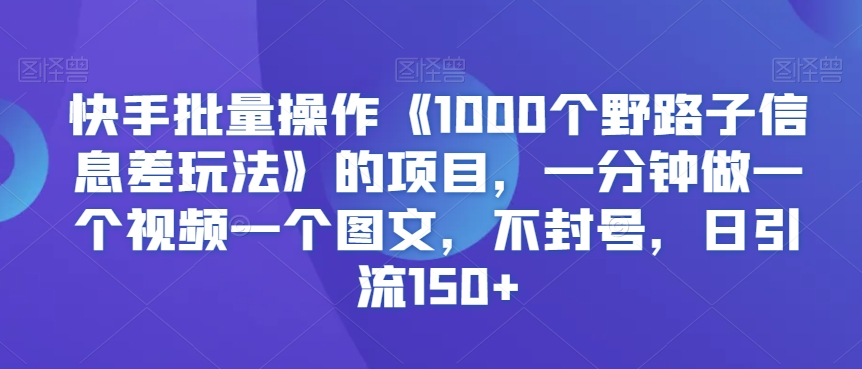 快手批量操作《1000个野路子信息差玩法》的项目，一分钟做一个视频一个图文，不封号，日引流150+【揭秘】-第一精品资源库