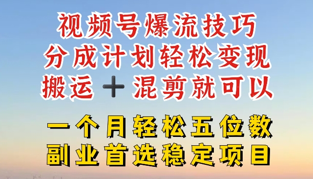 视频号爆流技巧，分成计划轻松变现，搬运 +混剪就可以，一个月轻松五位数稳定项目【揭秘】-第一精品资源库