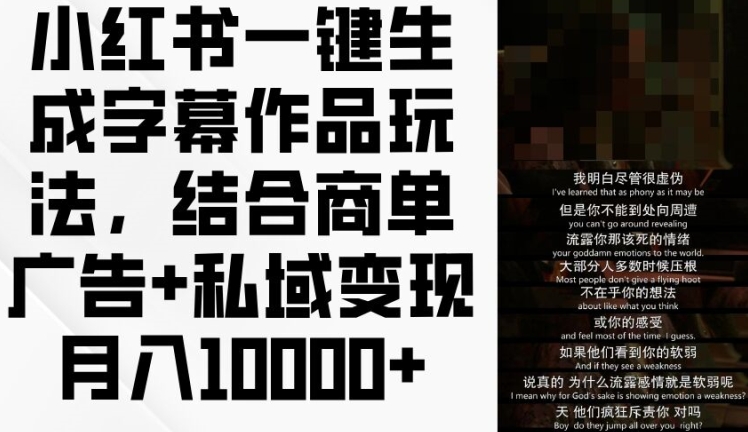 小红书一键生成字幕作品玩法，结合商单广告+私域变现月入1w+【揭秘】-第一精品资源库