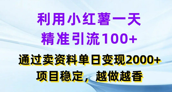 利用小红书一天精准引流100+，通过卖项目单日变现2k+，项目稳定，越做越香【揭秘】-第一精品资源库