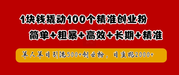 1块钱撬动100个精准创业粉，简单粗暴高效长期精准，单人单日引流500+创业粉，日变现2k【揭秘】-第一精品资源库