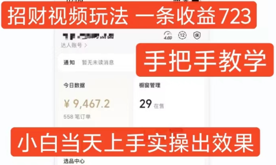 招财视频玩法，一条视频收益723，手把手教学，小白当天可上手-第一精品资源库